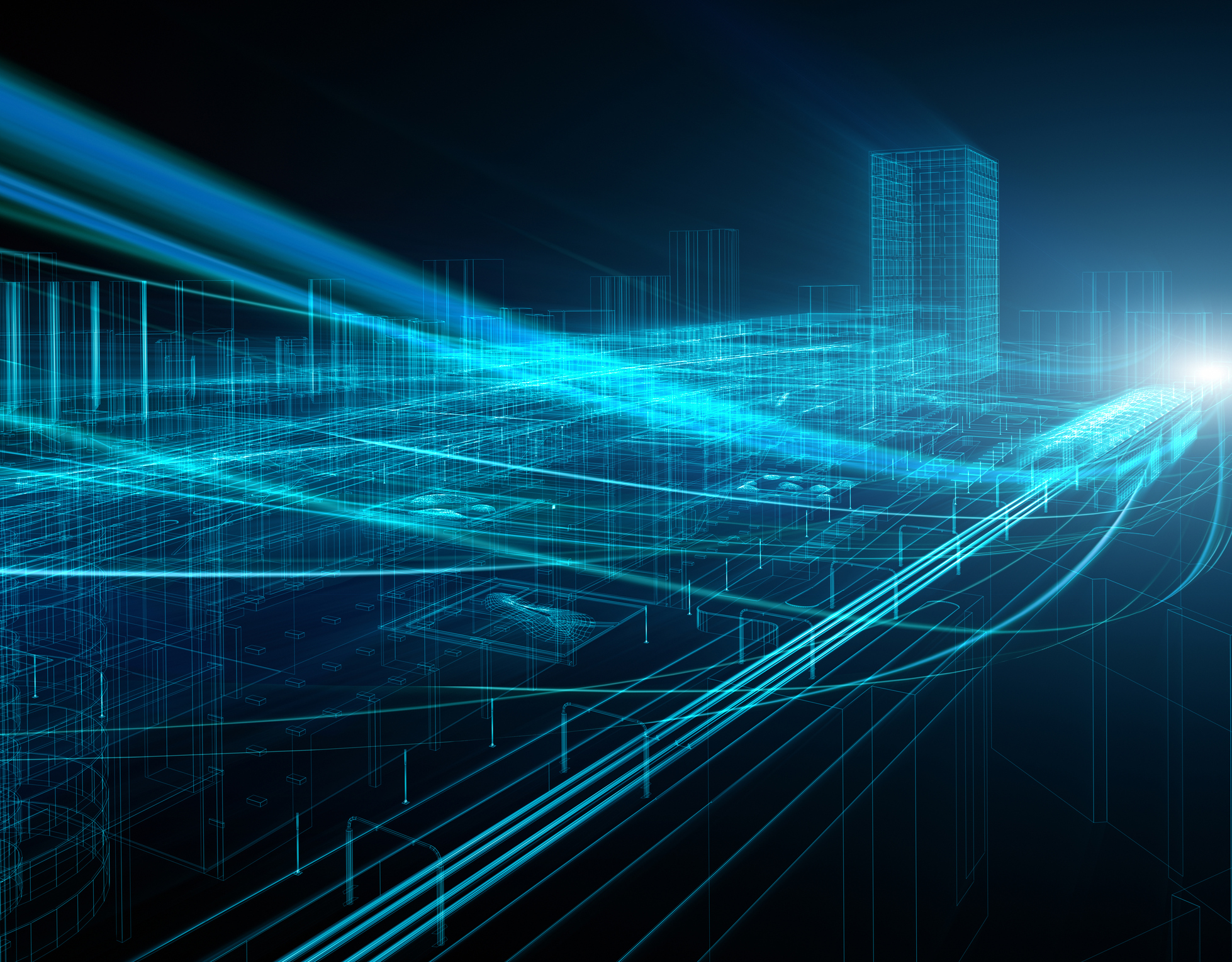 Digital city infrastructure rendered with blue network lines